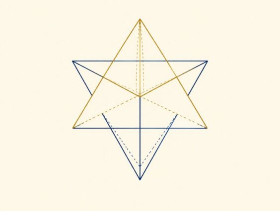 Line art of a star tetrahedron made of two interlocking tetrahedra, one gold pointing up and one navy pointing down