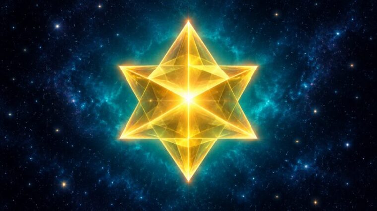 Glowing golden star tetrahedron, two interlocking tetrahedra of light, floating in a deep navy cosmos with teal glow