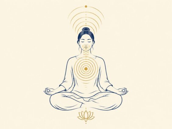 Line art of a person sitting cross-legged in a chanting posture with golden sound waves rising from the chest and above the head