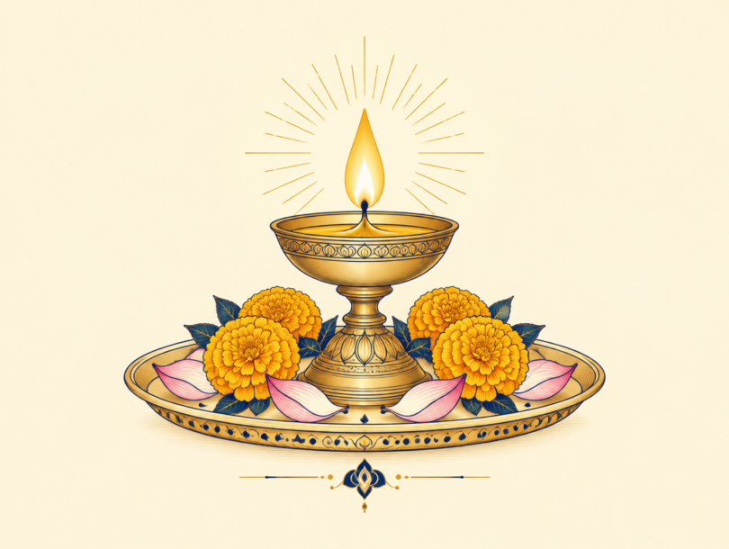 Brass oil lamp with a lit flame on a golden plate with marigold flowers and lotus petals