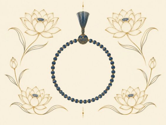 Line art of a mala prayer bead necklace with a tassel head bead, surrounded by gold lotus flowers