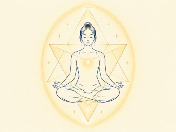 Line drawing of a seated meditating figure surrounded by a soft oval field of golden light and a faint star tetrahedron outline