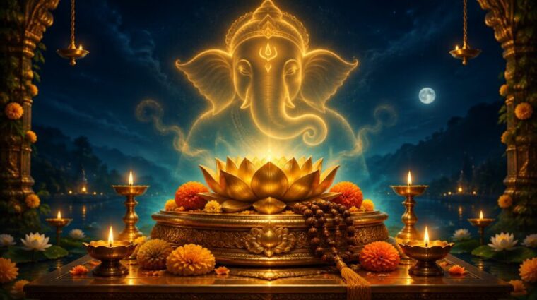 Golden lotus altar at night with oil lamps, marigolds, mala beads and a glowing elephant-headed Ganesha silhouette rising behind