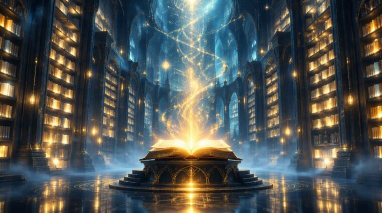 Ancient luminous library with glowing shelves of books and an open book releasing golden light