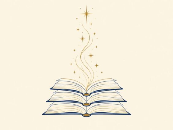 Line-art illustration of a stack of open books with golden light rising from the pages