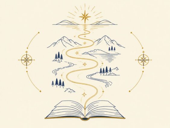 Line-art illustration of a winding path leading from an open book toward a glowing star