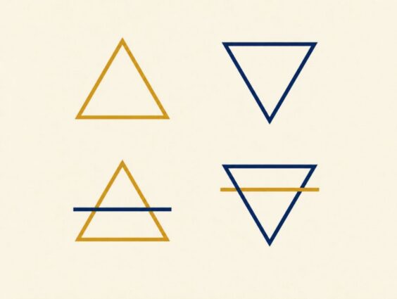 The four alchemical element symbols: fire as an upward triangle, water as a downward triangle, air as an upward triangle with a horizontal bar, earth as a downward triangle with a horizontal bar