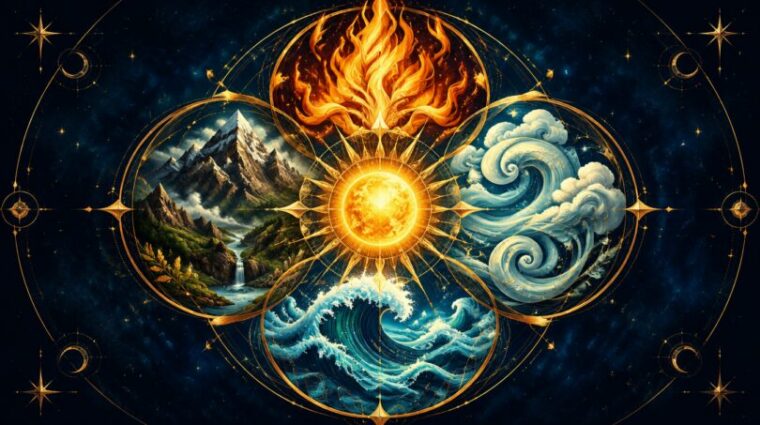 Four elemental forms of fire, water, earth and air arranged around a glowing golden center on a deep navy background