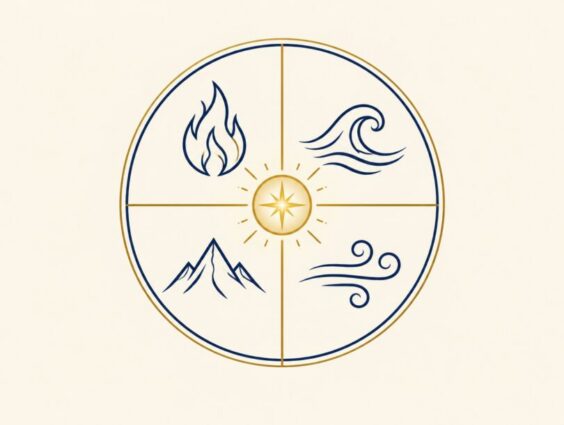 A circle divided into four quadrants showing a flame, a wave, a mountain and wind lines, with a golden star at the center for the fifth element, aether