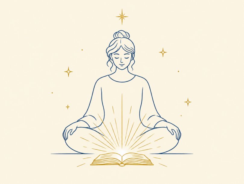 Gold and navy line drawing of a calm seated person with an open book of light in front of them