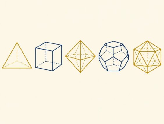 Line art of the five Platonic solids in gold and navy: tetrahedron, cube, octahedron, dodecahedron and icosahedron