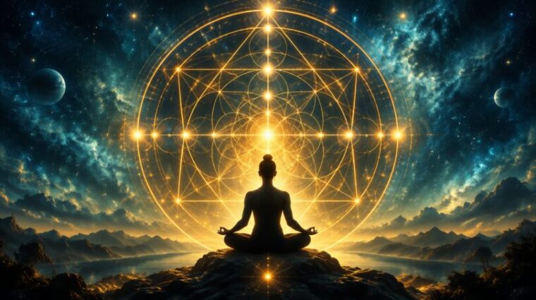 Meditating silhouette before a glowing gold geometric mandala on a navy and teal background