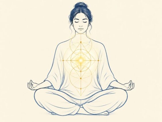 Line art of a person seated in meditation with a faint gold geometric pattern glowing in front of the chest