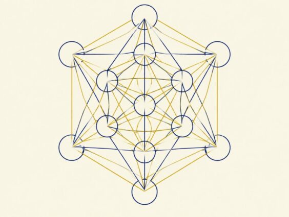 Line art of Metatron's Cube showing thirteen circles joined by straight gold and navy lines