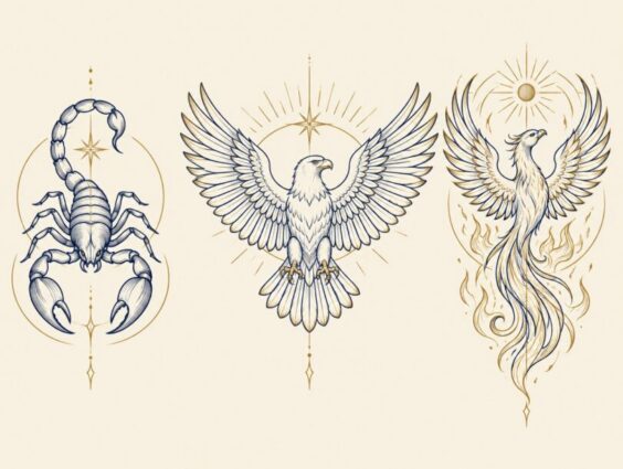 Line art of a scorpion, an eagle with spread wings and a rising phoenix, the three traditional symbols of Scorpio
