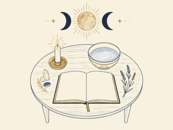 Line art of a simple ritual table with a lit candle, a bowl of water, an open journal and a row of moon phases above