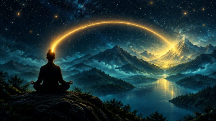 Silhouette of a meditator at night with a golden beam of light arcing across a navy sky to a distant glowing valley, a picture of remote viewing