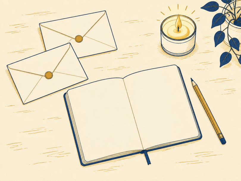 Line art of a desk seen from above with two sealed envelopes, a blank notebook with a pencil and a candle, a home remote viewing setup