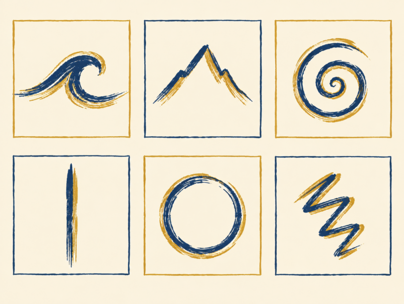 Six small panels of loose brush-stroke sketches in gold and navy, a wave, a peak, a spiral, a line, a circle and a zigzag, like quick first-impression doodles