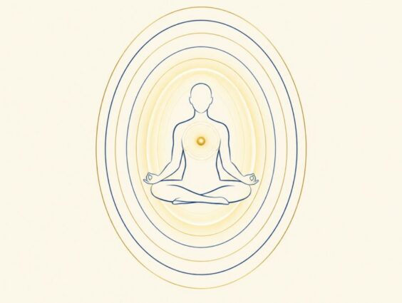 Line art of a seated figure surrounded by layered ovals of light like an aura, with a glowing dot at the heart