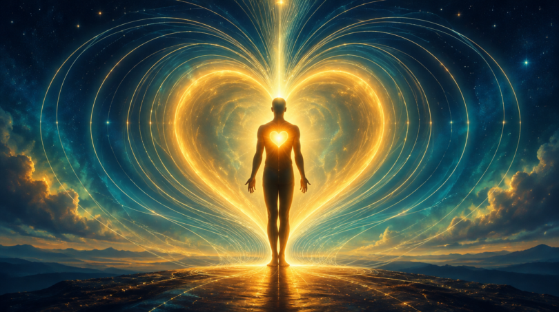 A standing silhouette surrounded by a golden heart-shaped light field with curving magnetic field lines against a navy sky