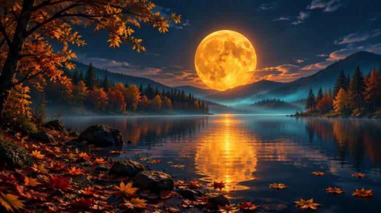 Large golden full moon rising over an autumn forest and still lake at dusk