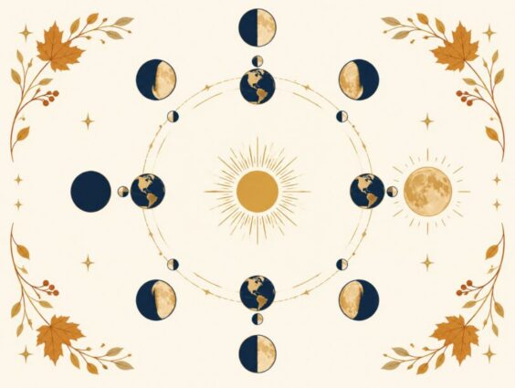 Line art diagram of the moon in its phases around Earth and the sun, framed by autumn leaves