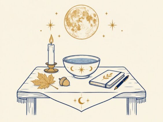 Line art of a simple moon ritual altar with a candle, bowl of water, notebook, autumn leaf and acorn beneath a full moon