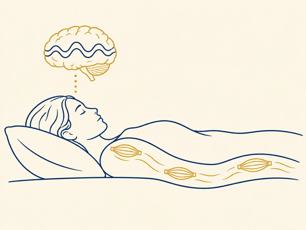 Line art of a sleeping person with a simple brain wave outline above the head and a relaxed muscle motif along the body