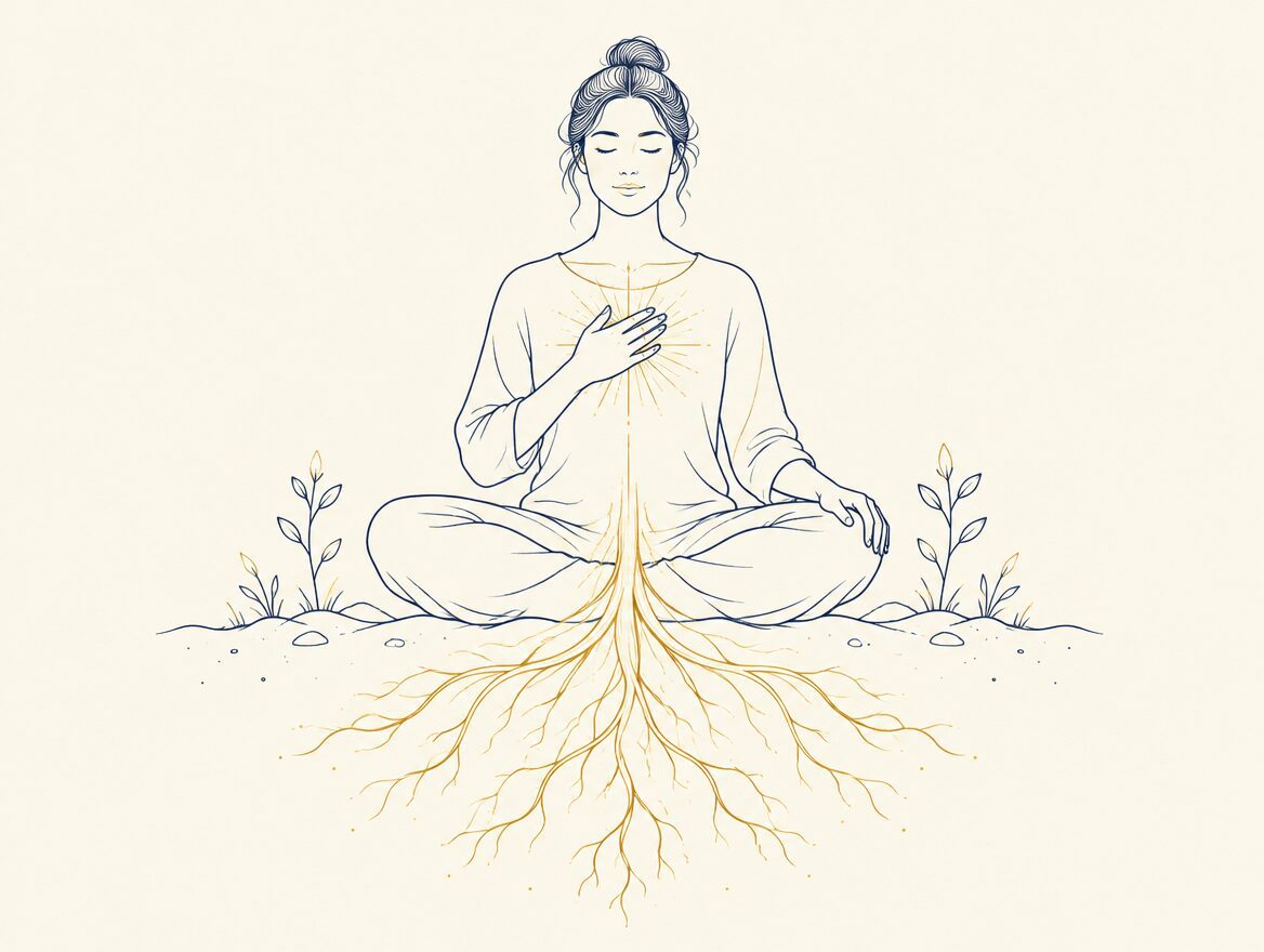 Line art of a person sitting cross-legged with a hand on the heart and roots of light flowing into the earth