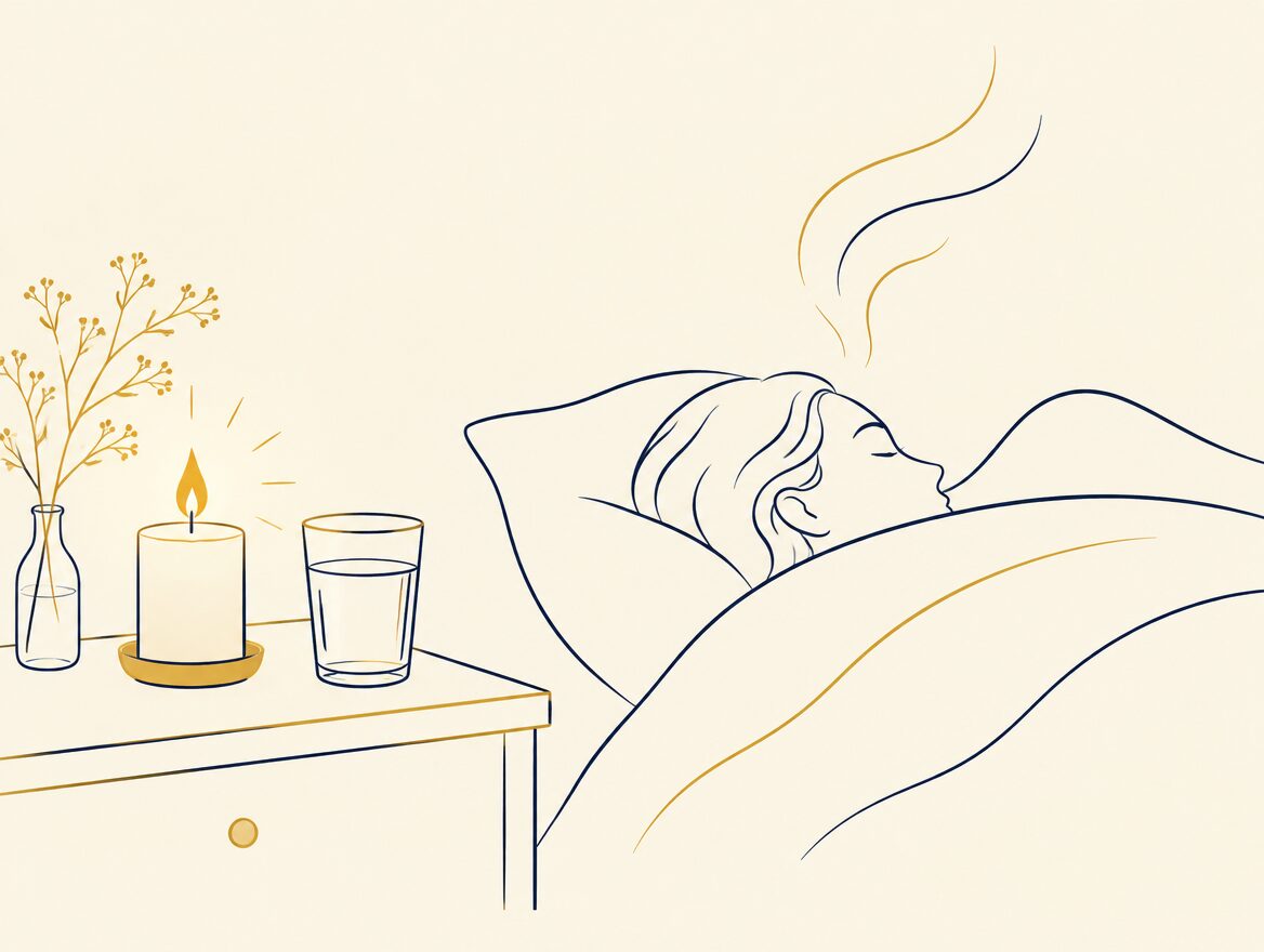 Line art of a bedside candle and glass of water beside a sleeping person with soft breath lines rising