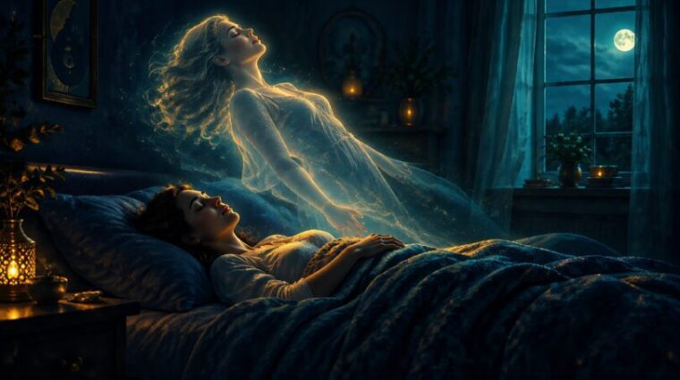 A person resting in bed at night with a faint luminous outline gently rising above the body in a moonlit room