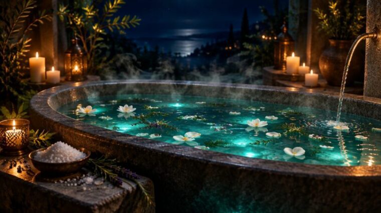 Stone bathtub of softly glowing teal water with floating petals, herbs and sea salt beside lit candles in a calm navy and gold setting