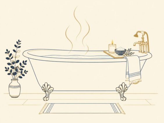 Gold and navy line art of a bathtub with rising steam, a lit candle on the rim and a small bowl of salt beside it