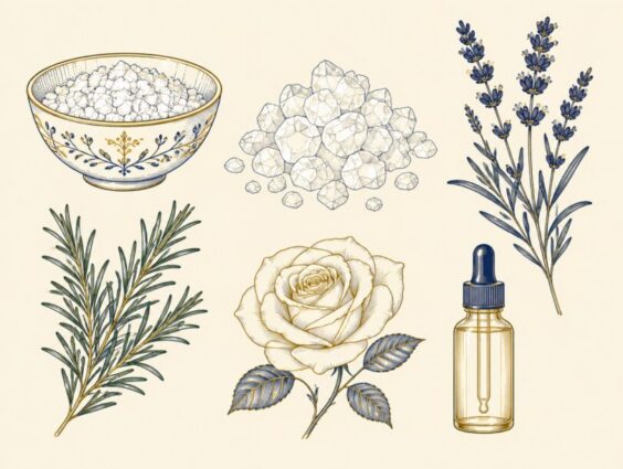 Gold and navy line art of bath ingredients on a cream background: sea salt, Epsom salt crystals, lavender, rosemary, a rose and a dropper bottle