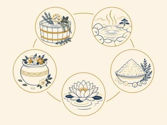 Gold and navy line art icons of bathing traditions: a herb tub, a hot spring pool, a flower pot, salt crystals and a lotus in water