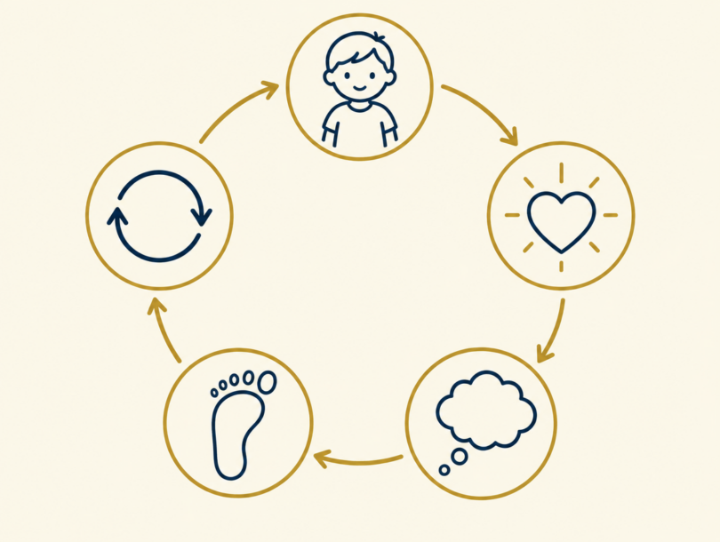Circular diagram of five linked stages from childhood experience to feeling, belief, action and repetition, showing how a belief loop forms