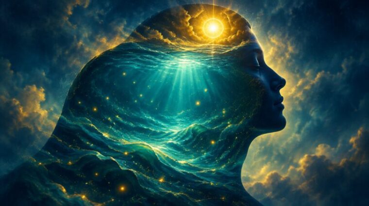 Profile of a head with a small gold sun above and a vast glowing teal ocean below, illustrating the conscious and subconscious mind
