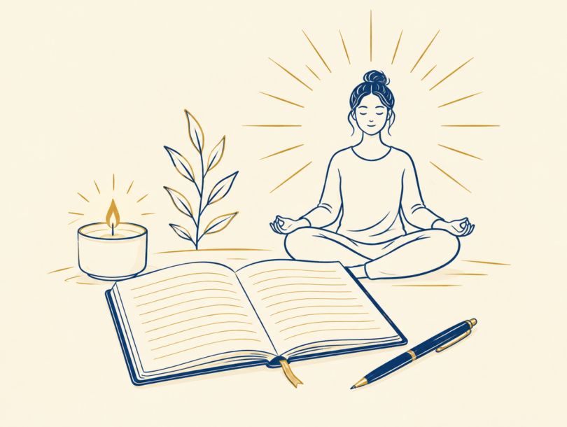 Line art of an open journal with a pen and candle beside a person sitting in quiet meditation, representing journaling and meditation practice