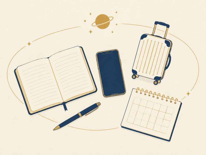 Flat lay of a journal, pen, phone, small suitcase and calendar page beneath a tiny gold planet