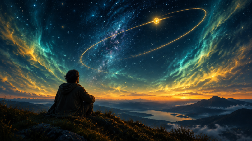 Person sitting on a hilltop at twilight watching a small gold planet trace a loop among the stars