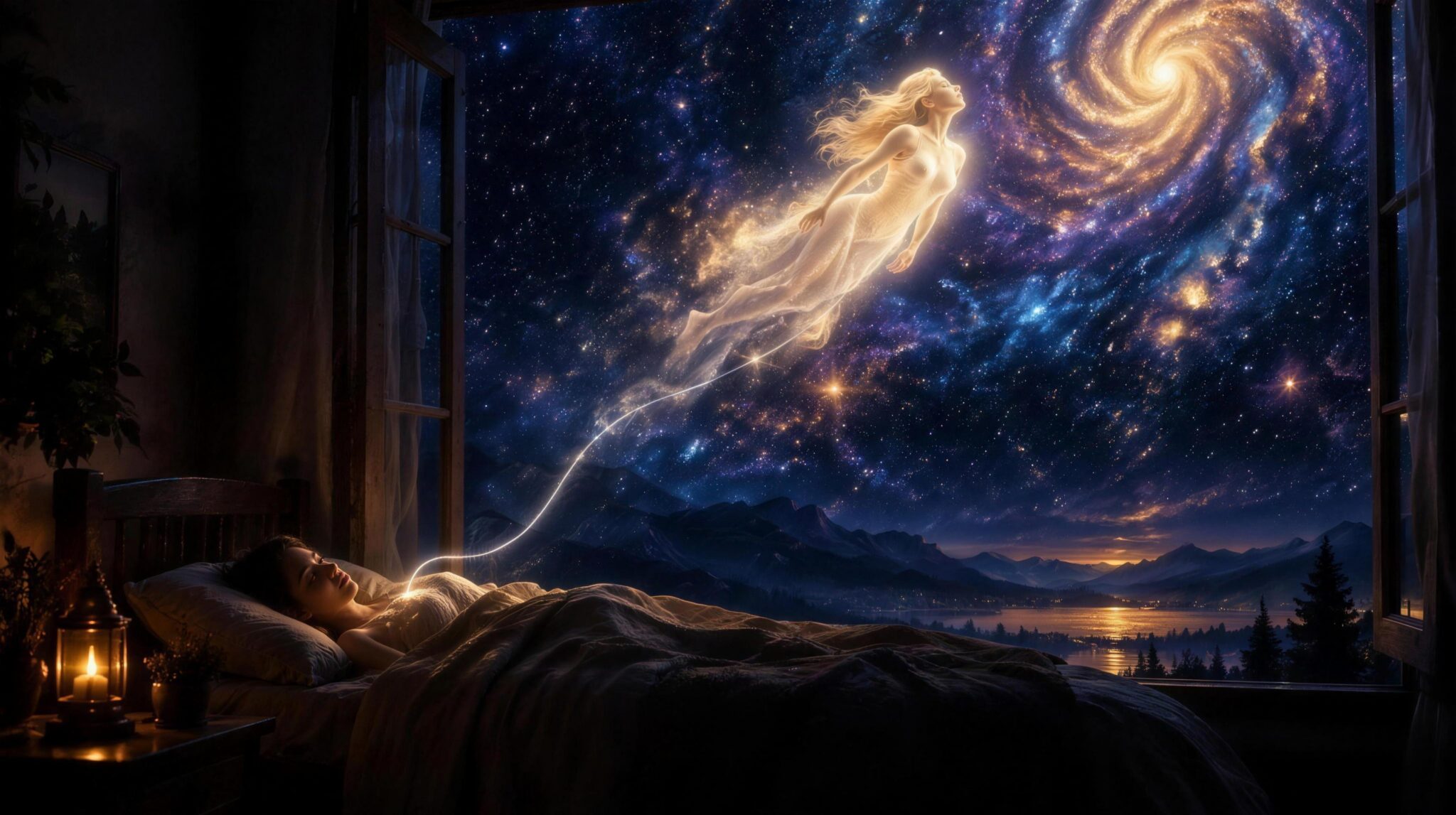 A sleeping person with a glowing luminous body rising toward a starry sky, joined by a silver thread