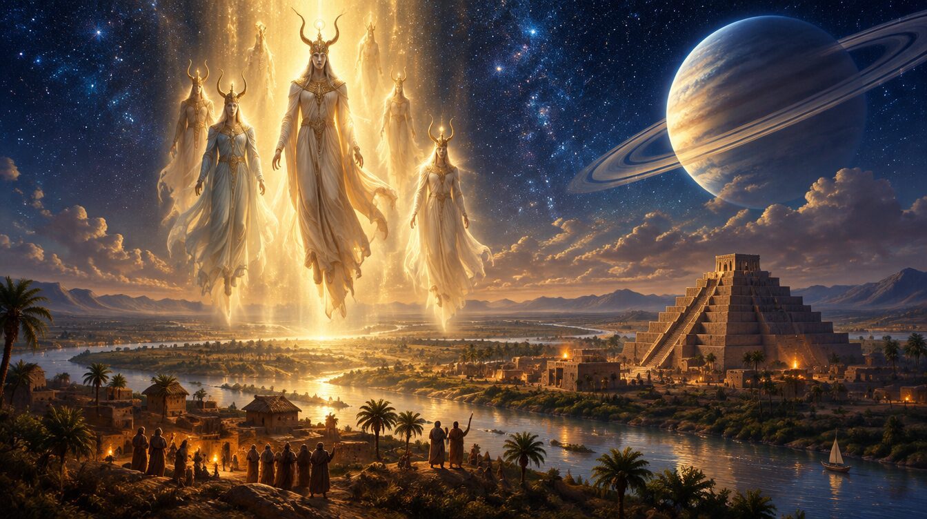 Luminous horned-crowned beings descending in golden light over ancient Mesopotamia under a ringed planet