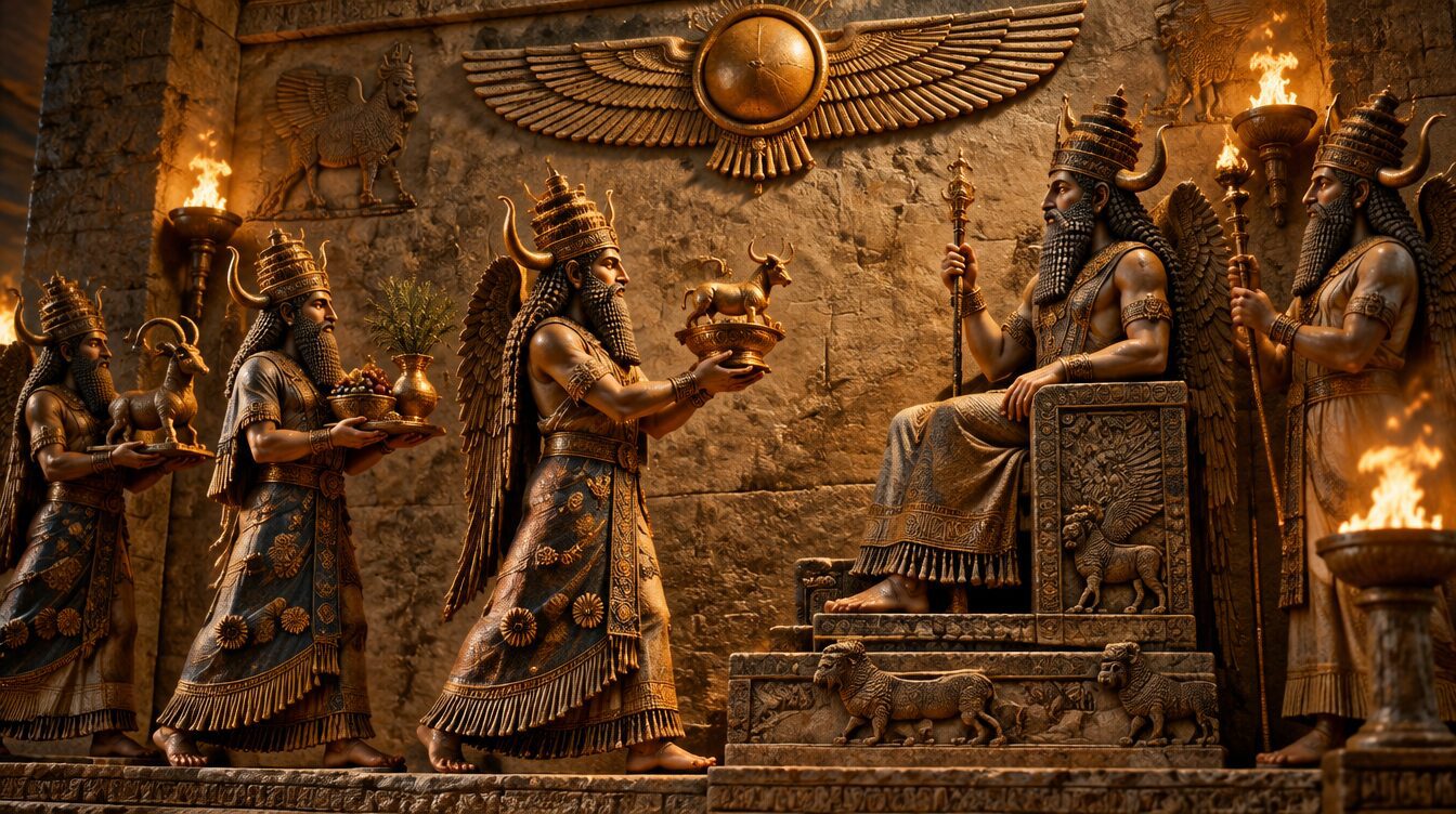 Procession of horned-crowned Anunnaki gods in an ancient Mesopotamian stone relief beneath a winged sun disk