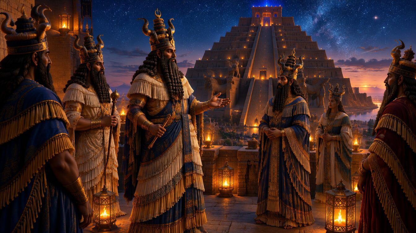 Tall Anunnaki beings with tiered horned crowns gathered in council before a ziggurat at twilight