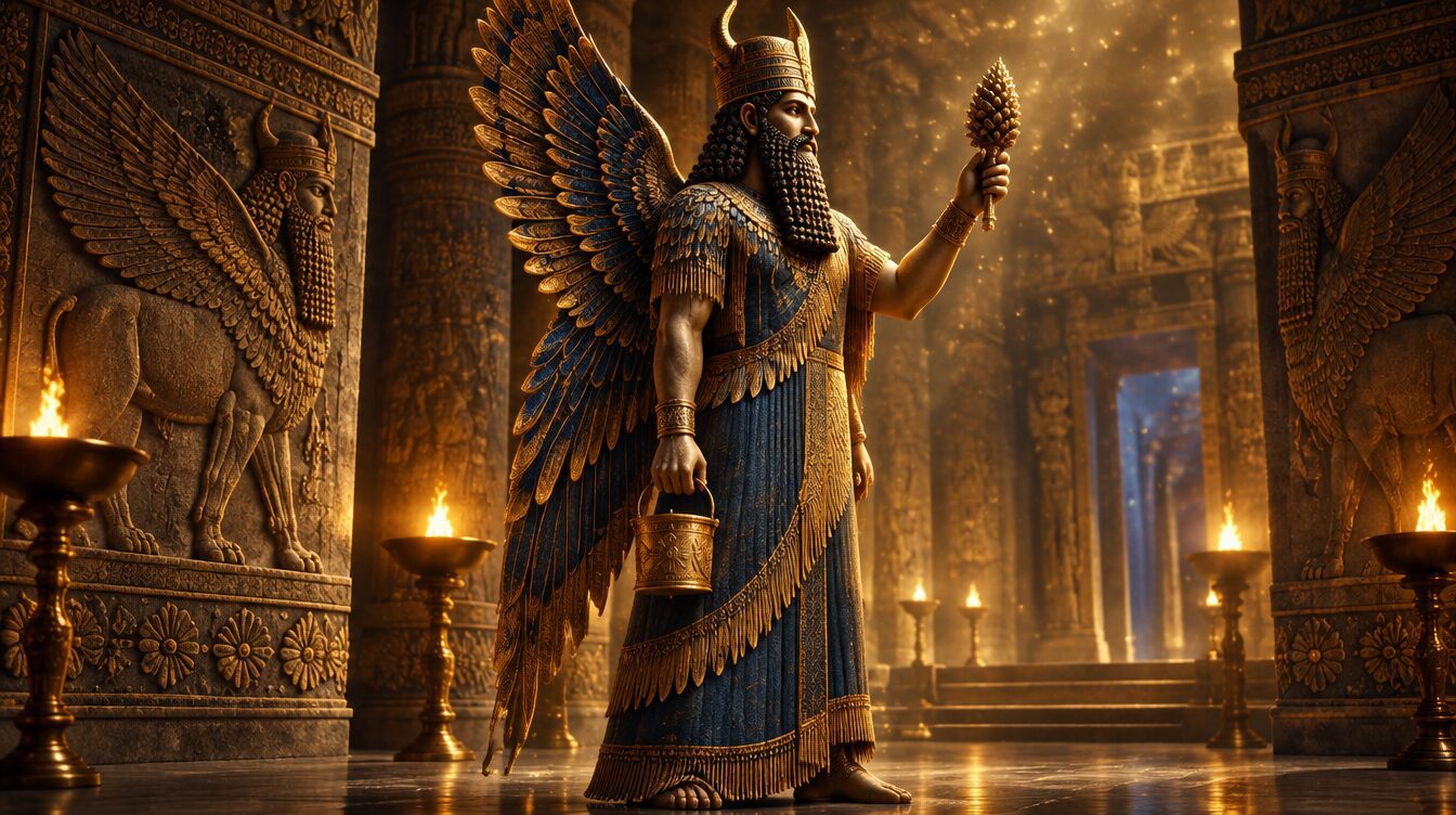 Winged Apkallu sage with a horned crown holding a bucket and purification cone in a lamplit palace hall