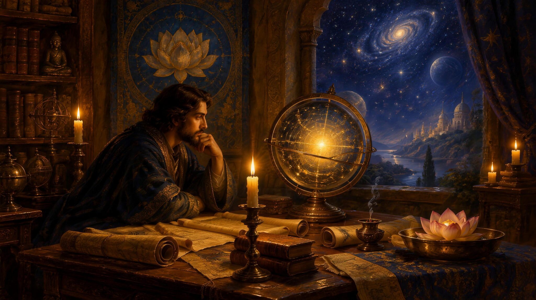 A candlelit nineteenth century study where a robed seeker contemplates ancient scrolls and a glowing celestial sphere, evoking Theosophy and the origin of the Akashic records idea