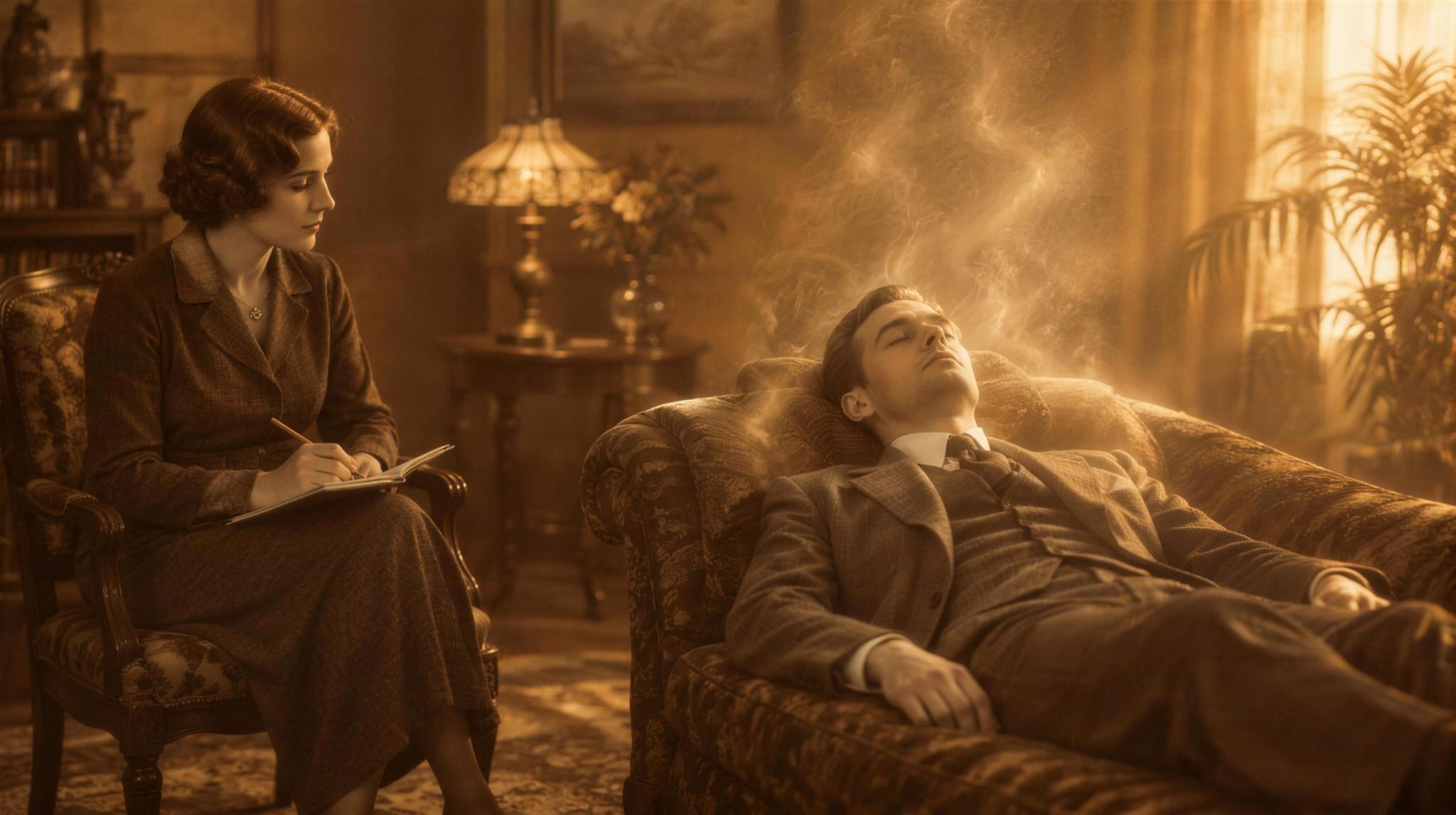 A vintage sepia room where a man rests with closed eyes on a couch in deep trance while an assistant takes notes, evoking Edgar Cayce's readings