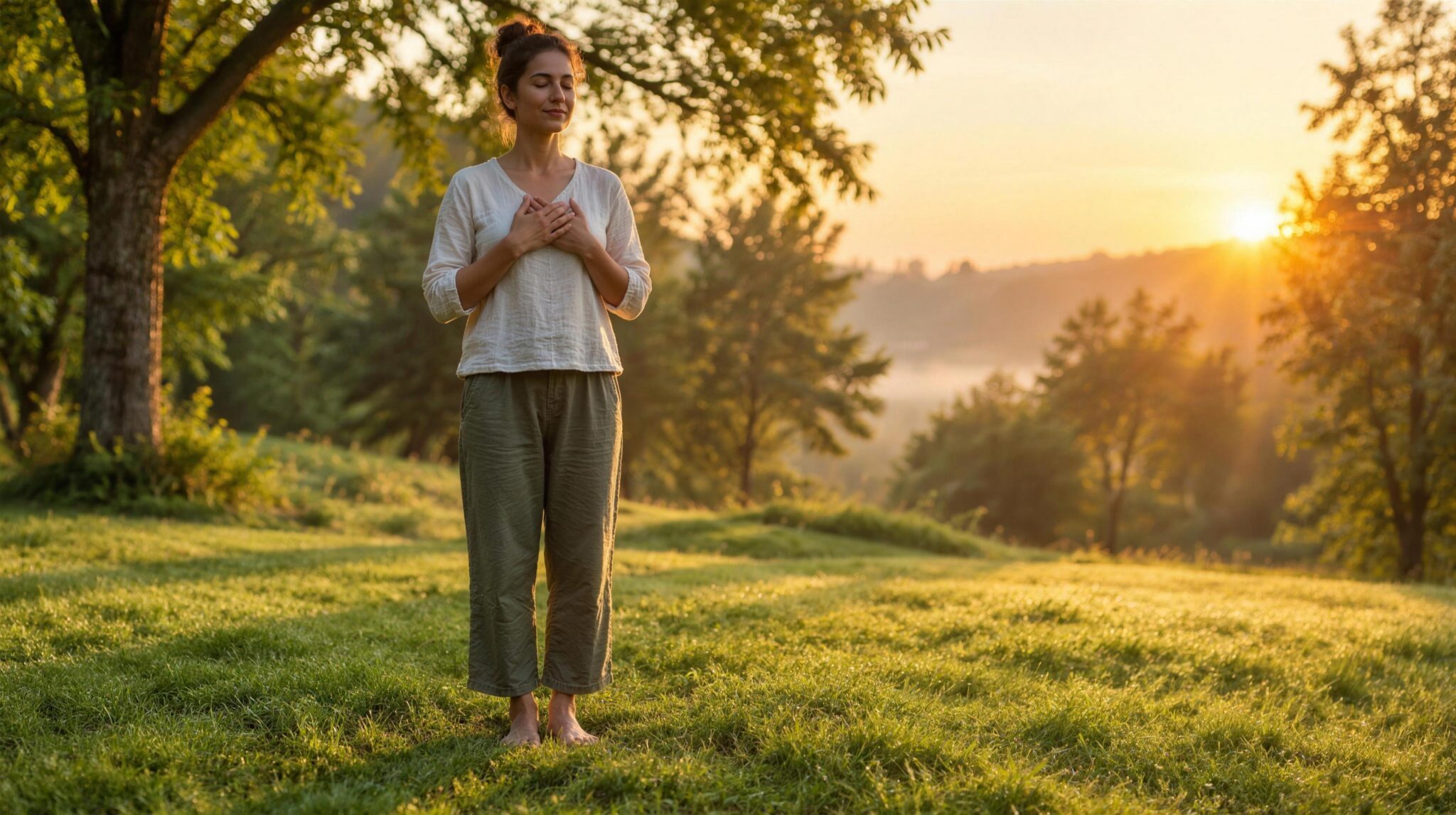 A barefoot person standing on dewy grass at sunrise with hands over the heart, grounding after meditation