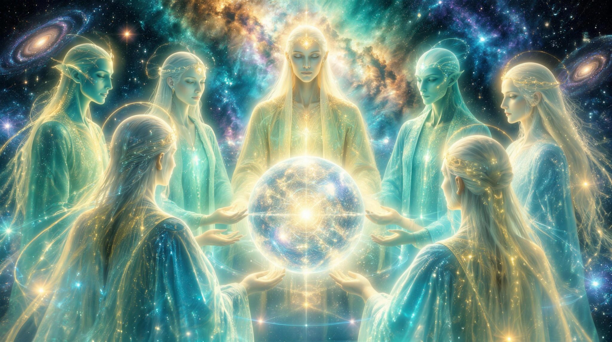 A circle of tall luminous teal and gold beings of light gathered around a glowing sphere in deep space, an artistic vision of an Arcturian council